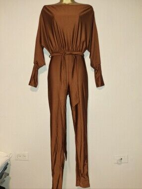Women's Brown Long-Sleeve Belted Jumpsuit